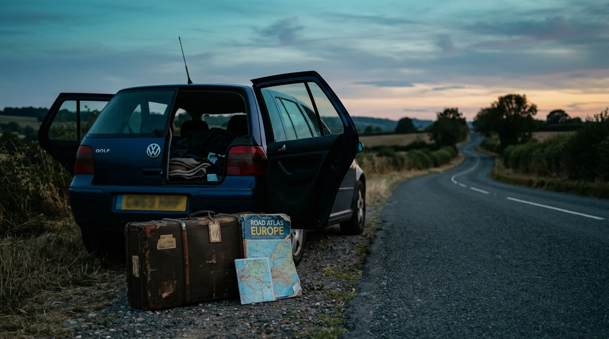 Sylwetka podróży i pojazd o zmierzchu
