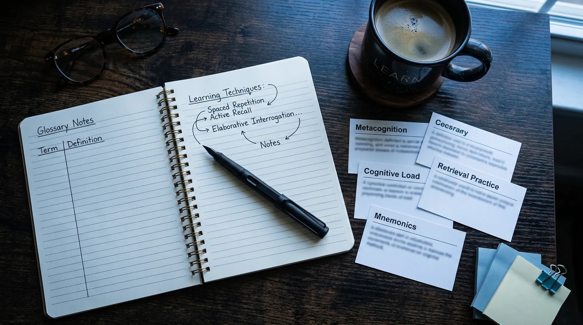 Notatki i leksykon pojęć ubezpieczeniowych na biurku