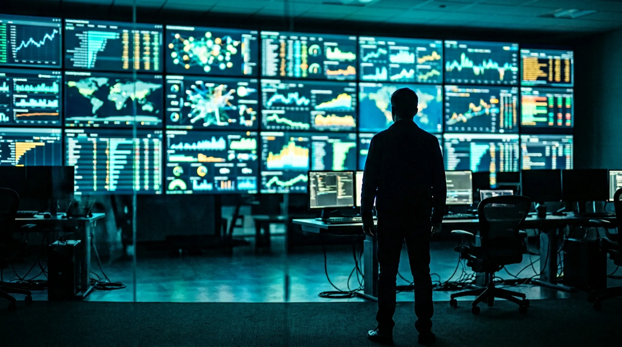 Pomieszczenie z monitorami i abstrakcyjną wizualizacją danych