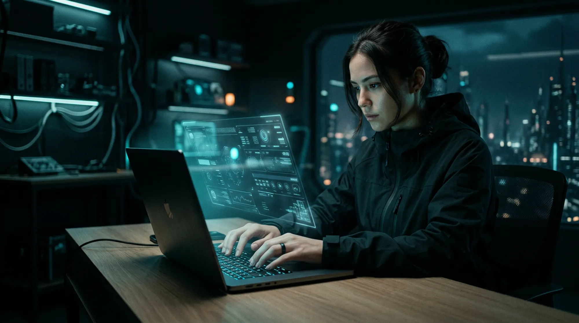 Osoba pracująca przy komputerze z abstrakcyjnym interfejsem