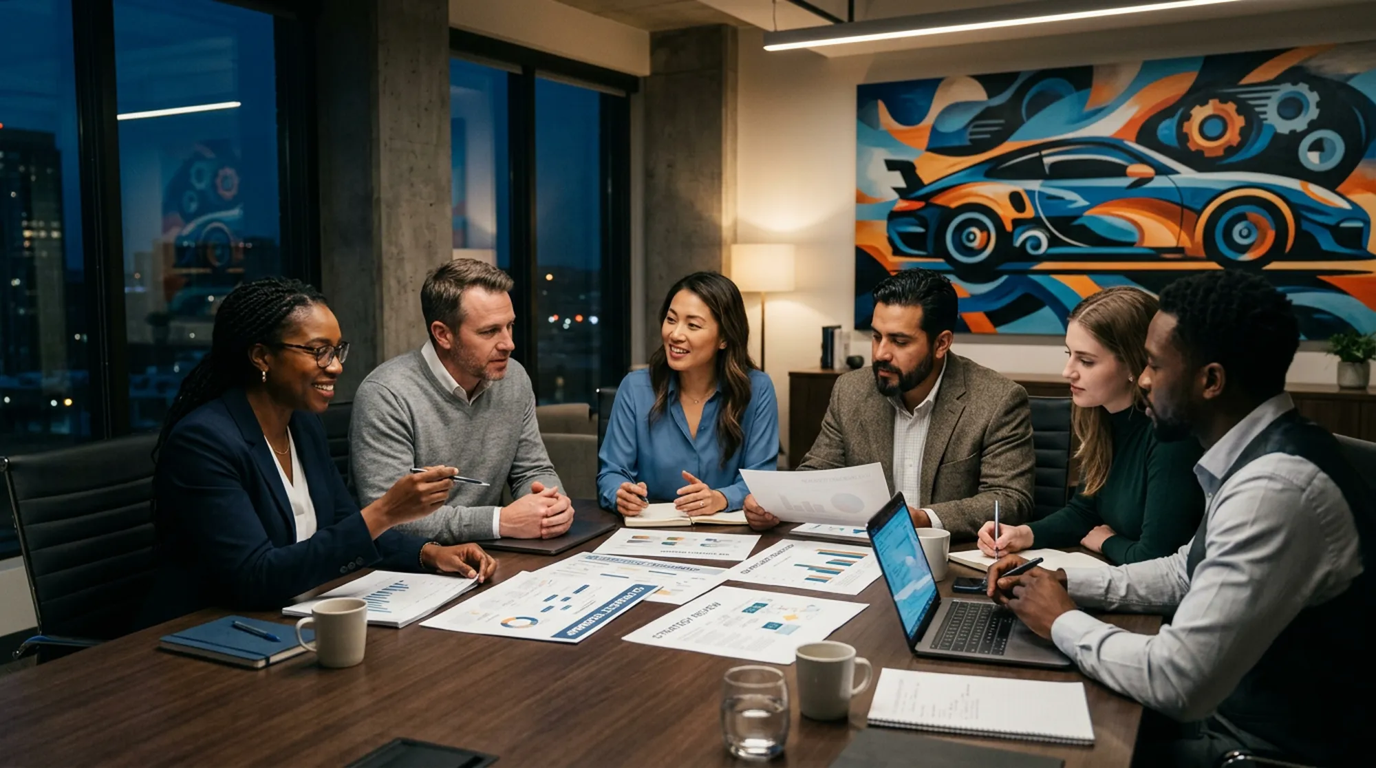 Zespół omawia materiały edukacyjne przy stole konferencyjnym